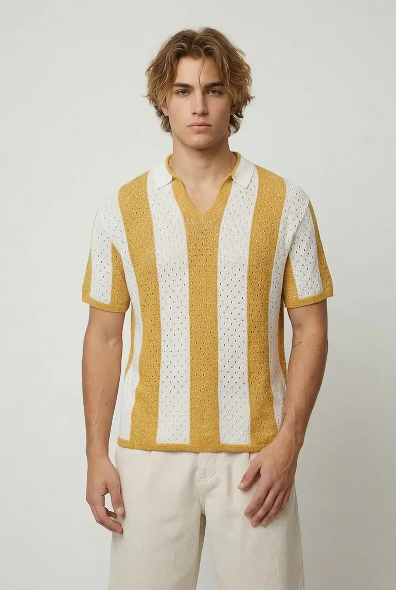 Relaxed Open Stitch Stripe Knitted Polo - mustard - 3