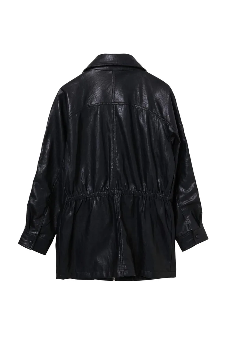 Black Oversize Fit Adjustable Waist Faux Leather Jacket Coat - 10