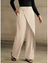 Beige Wide Leg Trousers with Asymmetrical Wrap Front