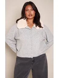 Plus Grey Faux Fur Collar Button Down Cropped Cardigan - 1