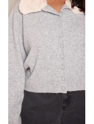 Plus Grey Faux Fur Collar Button Down Cropped Cardigan - 3