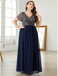 Leely Plus Women's Elegant V Neck Short Sleeve Party Dresses