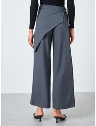 Grey Solid Tie-Up Wide Leg Pants - 4
