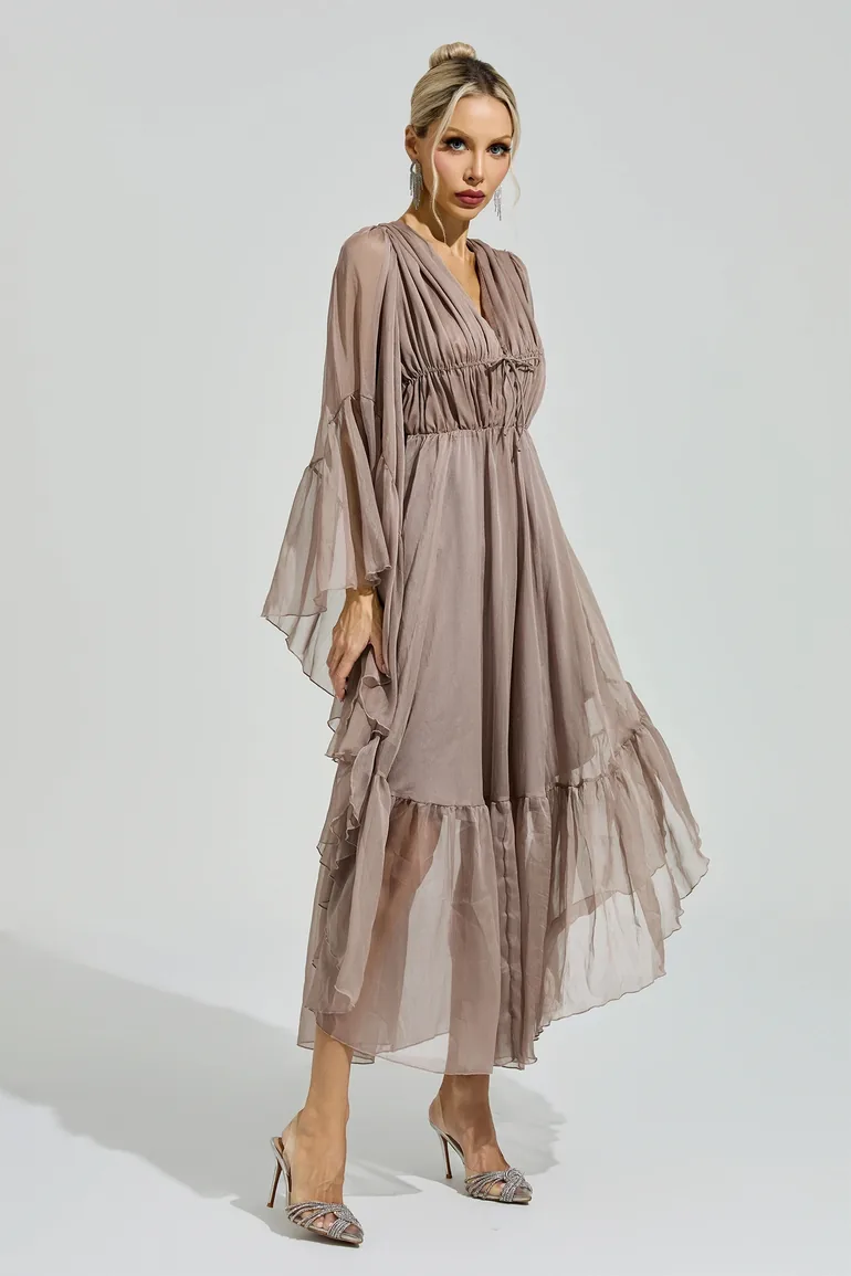 Beauvoir Brown Flounce Sleeve Dress - 2