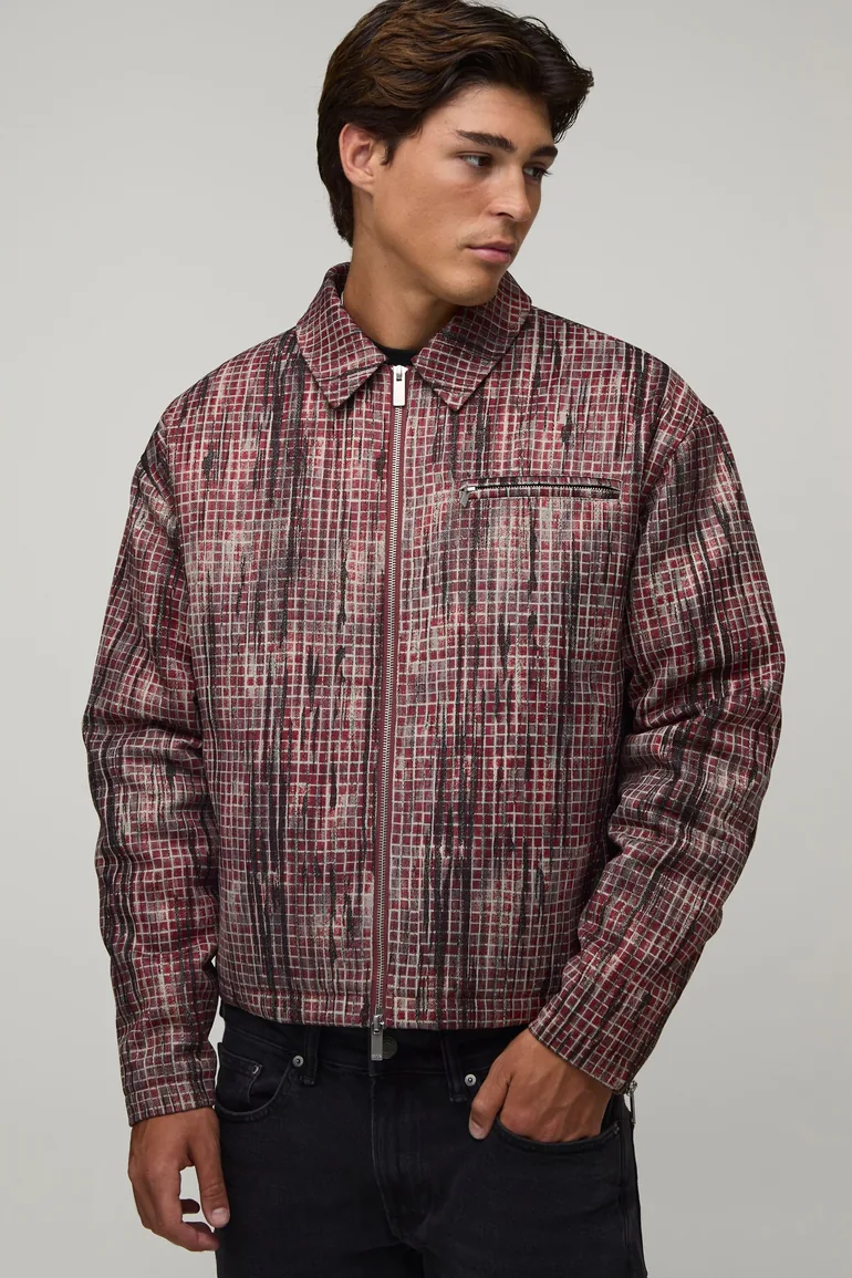 Boxy Fit Distressed Check Harrington Jacket - red