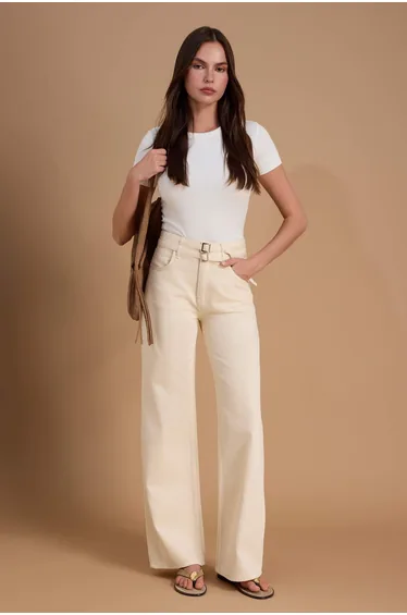 Ecru High Waist Wide Leg Jeans