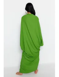 Green Column Floor-Length Dress with Long Sleeves - 4