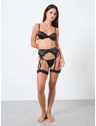 Lace Trim Wired Bra with Thong - Stockings and Suspender Set