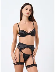 Lace Trim Wired Bra with Thong - Stockings and Suspender Set - 1