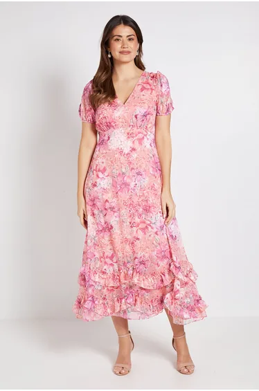 Floral Satin Ruffle Hem Midaxi Dress