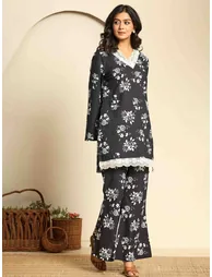 Women Black Printed Pure Cotton Tunic and Pants Co-Ords