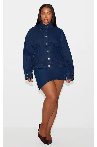 Plus Indigo Asymmetric Layered Panel Denim Mini Skirt