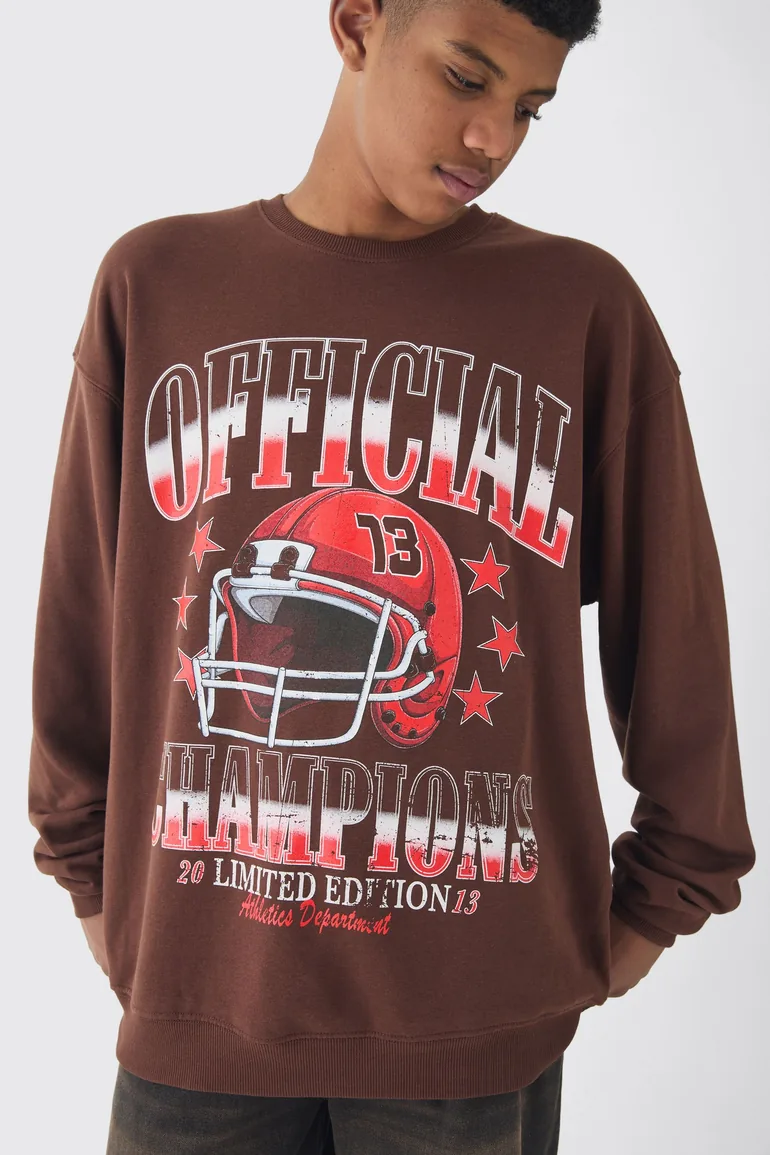 Tall Official Champions Print Washed Oversized Sweatshirt in Chocolate - chocolate - 2