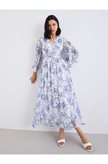 White Floral Maxi Dress with Volume Sleeves