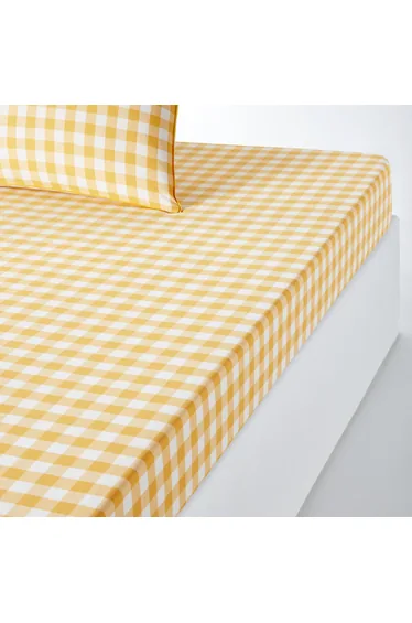 شرشف سرير قطن أصفر كاروهات بحواف مطاطية