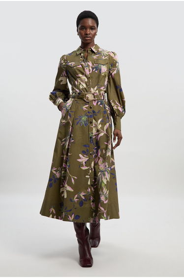 Floral Print Cotton Sateen Woven Belt Detail Midi Skirt