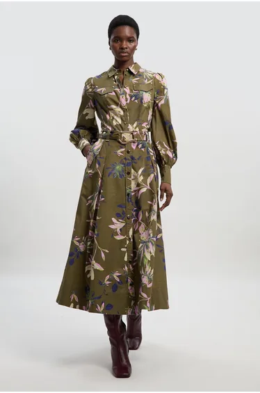 Floral Print Cotton Sateen Woven Belt Detail Midi Skirt