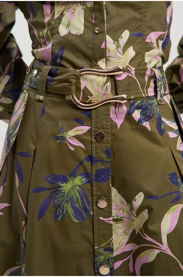 Floral Print Cotton Sateen Woven Belt Detail Midi Skirt