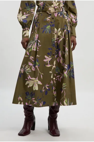 Floral Print Cotton Sateen Woven Belt Detail Midi Skirt