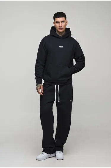 Tall Regular Fit Man Sport Embroidered Hoodie & Straight Leg Jogger Tracksuit - black