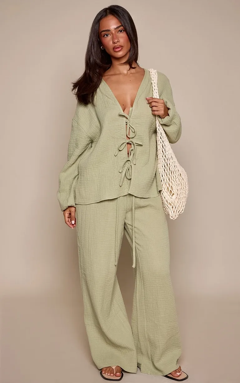 Petite Sage Cheesecloth Textured Tie Front Shirt