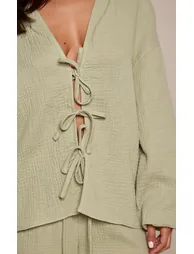 Petite Sage Cheesecloth Textured Tie Front Shirt - 3