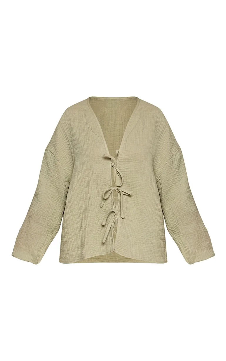 Petite Sage Cheesecloth Textured Tie Front Shirt - 4