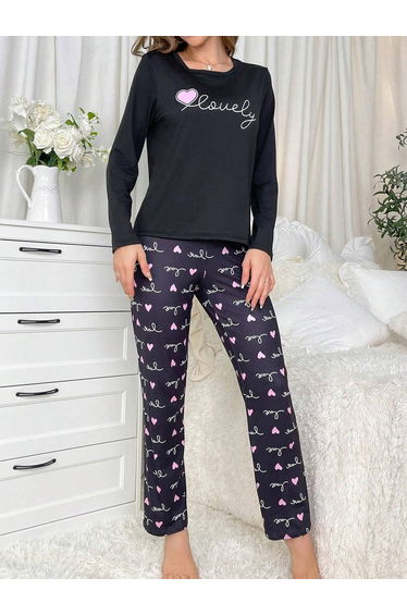 Lovely Text Print Long Sleeve T-Shirt and Pyjama Set