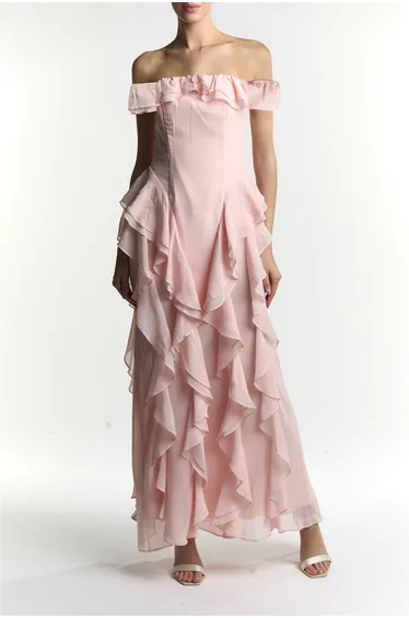Ari Pale Pink Bardot Ruffle Maxi Dress