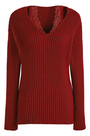 Lace Trim Ribbed Wool-Blend Longline Top in Red