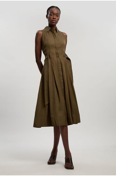 Premium Viscose Linen Topstitch Halter Neck Woven Midi Dress With D Ring Detail