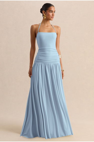 Nicolette | Powder Blue Square-Neck Maxi Dress With Ruched-Detailing