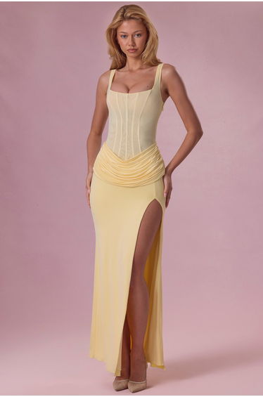 Premium Mesh Draped Bridesmaid Dress in Butter Yellow