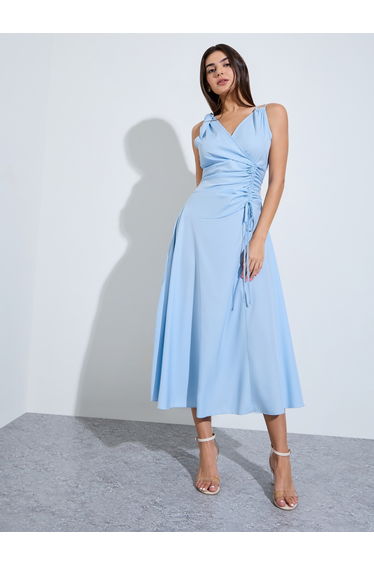 Blue Sleeveless Ruched A-Line Midi Dress
