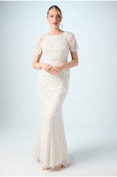 Beaded Tulle Wedding Dress with Cap Sleeve