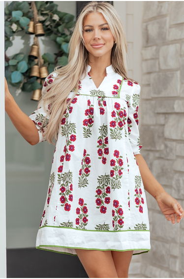 Lvness White Frilled V Neck 3/4 Sleeve Loose Floral Dress
