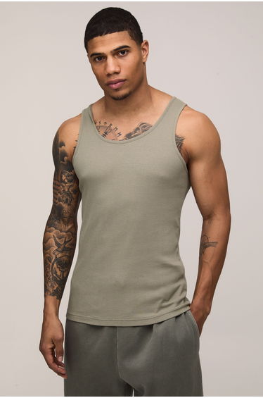 Basic Slim Fit Ribbed Vest - light khaki