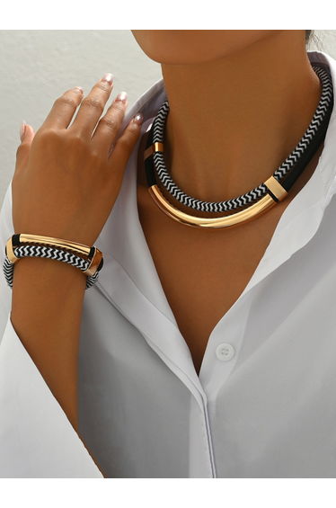 Black and White Thick Double Line Metal Necklace and Bracelet Set