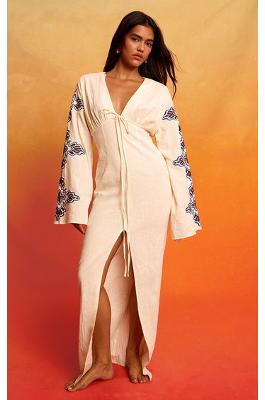 Cream Emroidered Halter Detail Maxi Dress