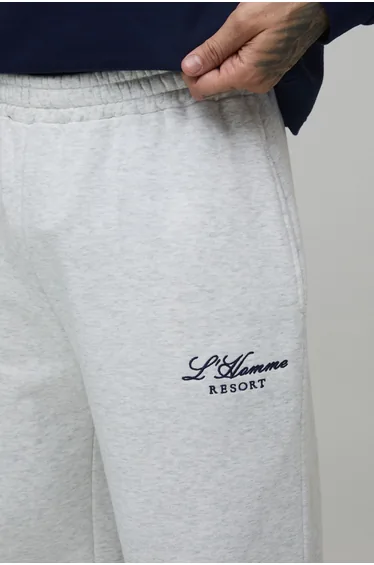 Tall Wide Leg Embroidered Homme Joggers - grey marl