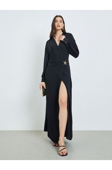 Black Maxi Dress with Star Brooch Detail