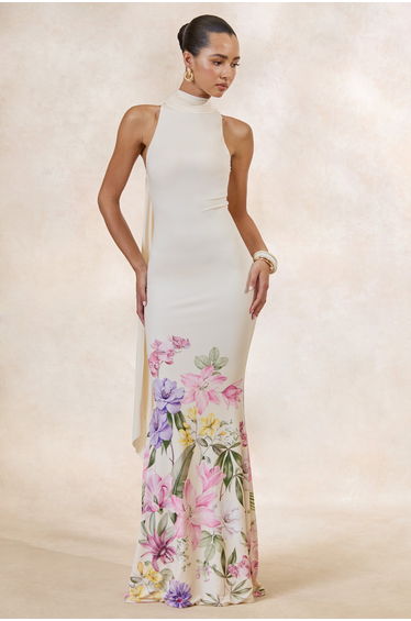 Cordy | Cream Border Floral Print High-Neck Maxi Dress With Cape