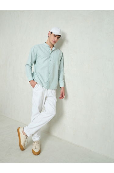 Men Green Striped Mandarin Collar Relaxed Fit Shirt