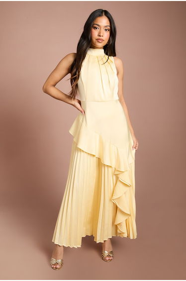 Petite Sleeveless Ruffle Pleat Satin Back Crepe Dress