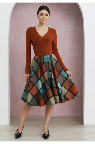 Color Block Checked Pattern Flare Midi Skirt