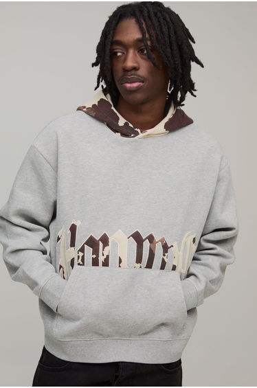 Oversized Applique Cow Print Hoodie - grey marl