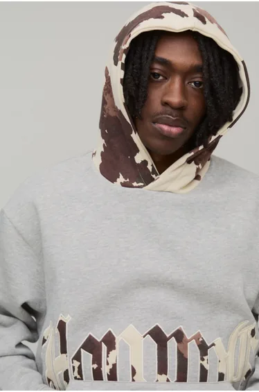 Oversized Applique Cow Print Hoodie - grey marl