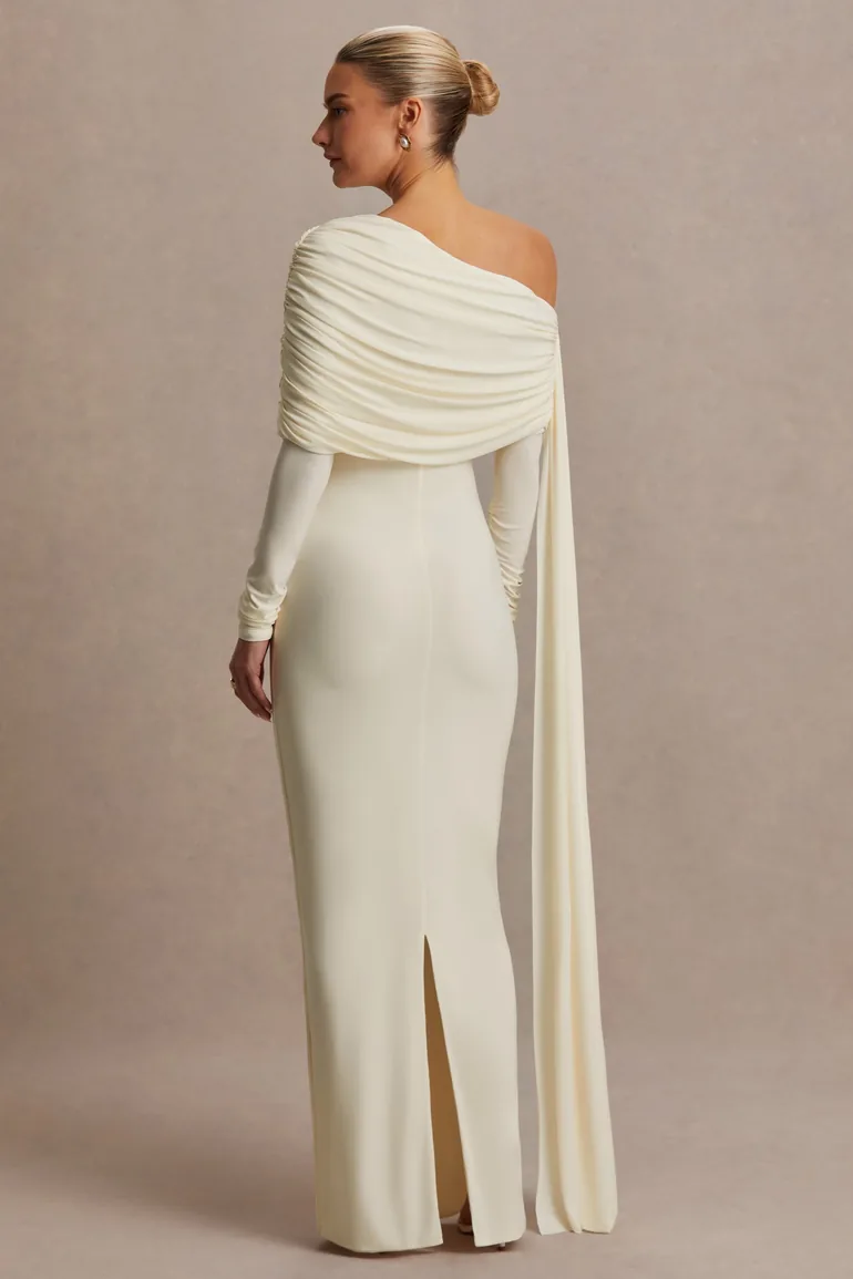Cyra | Cream Bardot-Neck Maxi Dress With Sash - 1