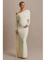 Cyra | Cream Bardot-Neck Maxi Dress With Sash - 3