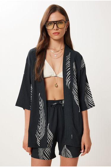 Women's Black Bone Patterned Crinkle Knitted Kimono Shorts Set